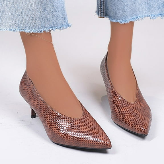 EQWLJWE Womens Low Kitten Heels Snakeskin Pumps Closed Pointed Toe Dress Office Slip On Shoes