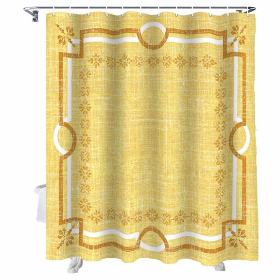 Shower Curtain Yellow Linen Border Bathroom Curtains with Hooks, Waterproof Fabric Floral Lines Frame Bath Shower Curtains Set for Bathroom Bathtubs Decor 72x84 Inch