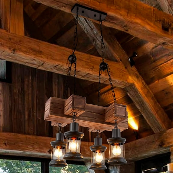 More Change 4 Light Farmhouse Chandelier, Rustic Solid Wood Dining Room Light Fixture with Adjustable Chain, Kitchen Island Hanging Light Fixtures Over Table