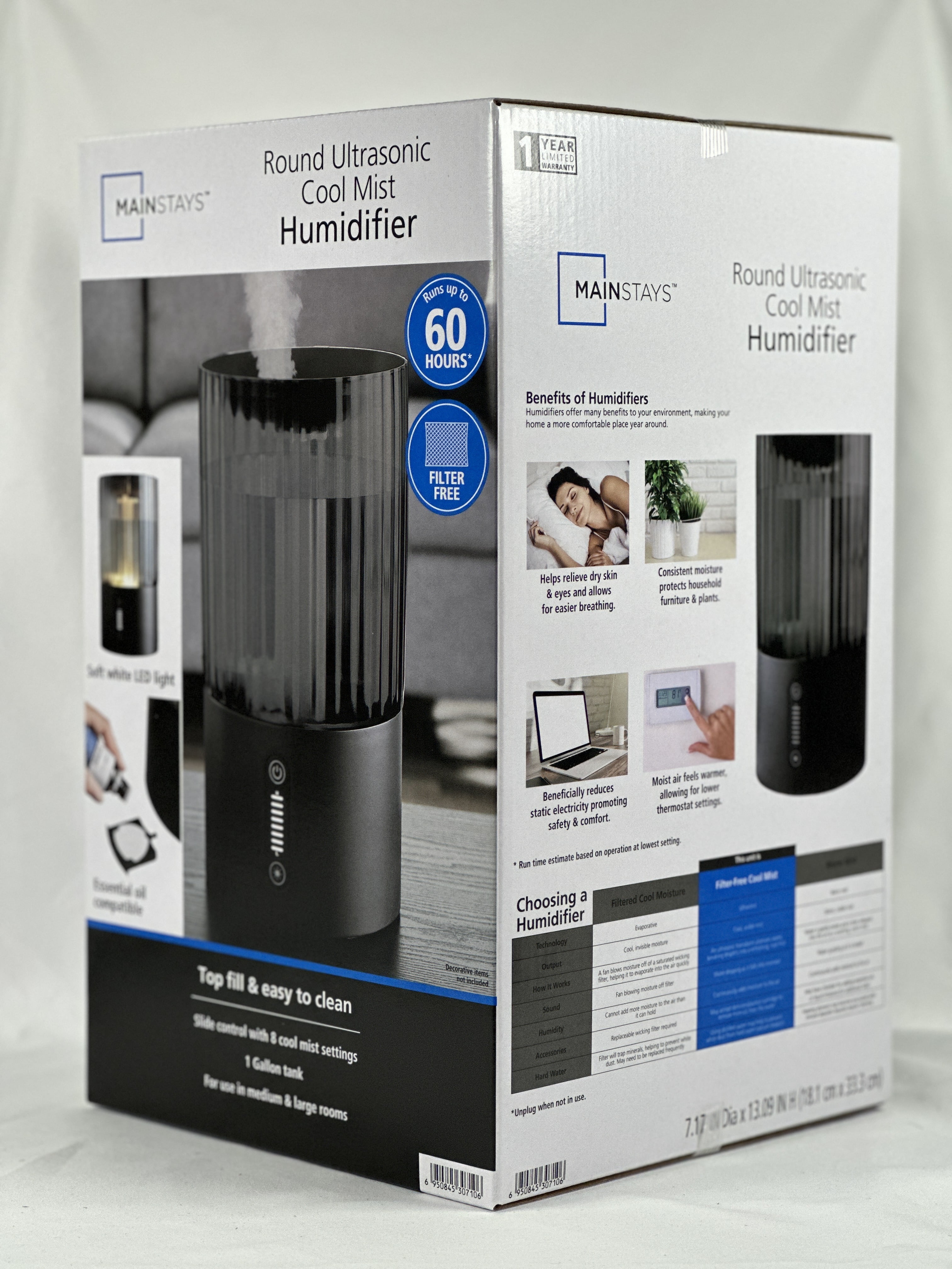 Mainstays Round Ultrasonic Cool Mist Top Fill Humidifier with Aroma, Black