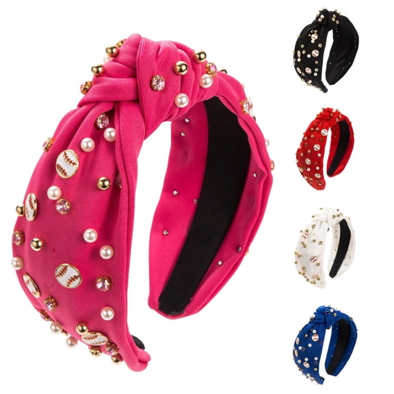 HNMKIU Heardband Women Baseball Knot Headband Sports Team Game Day Pearl Stylish Shiny Accessories Hot Pink,One Size