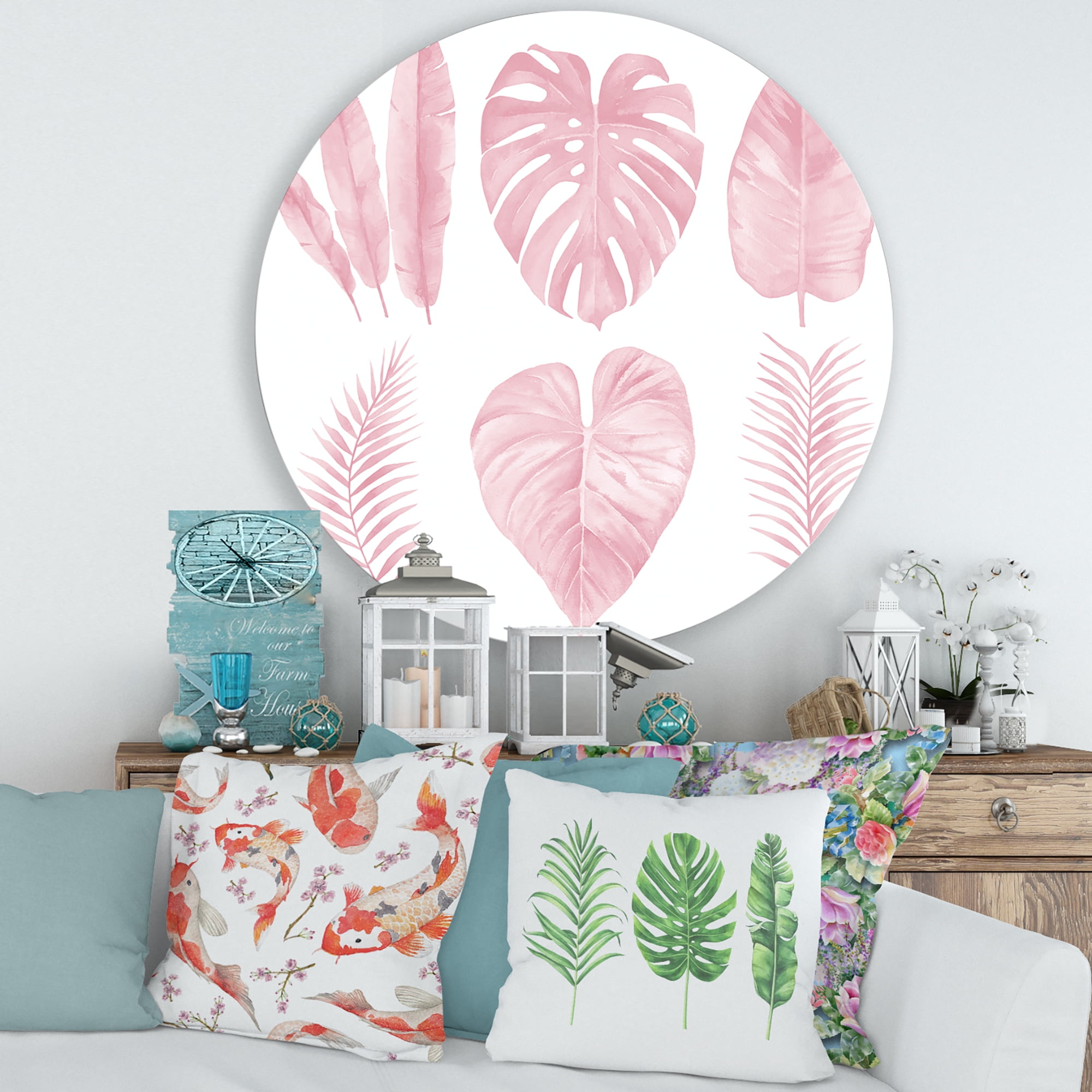 Designart 'Tropical Pink Watercolour Leaves On White I' Shabby Chic Circle Metal Wall Art 29x29 - Disc of 29