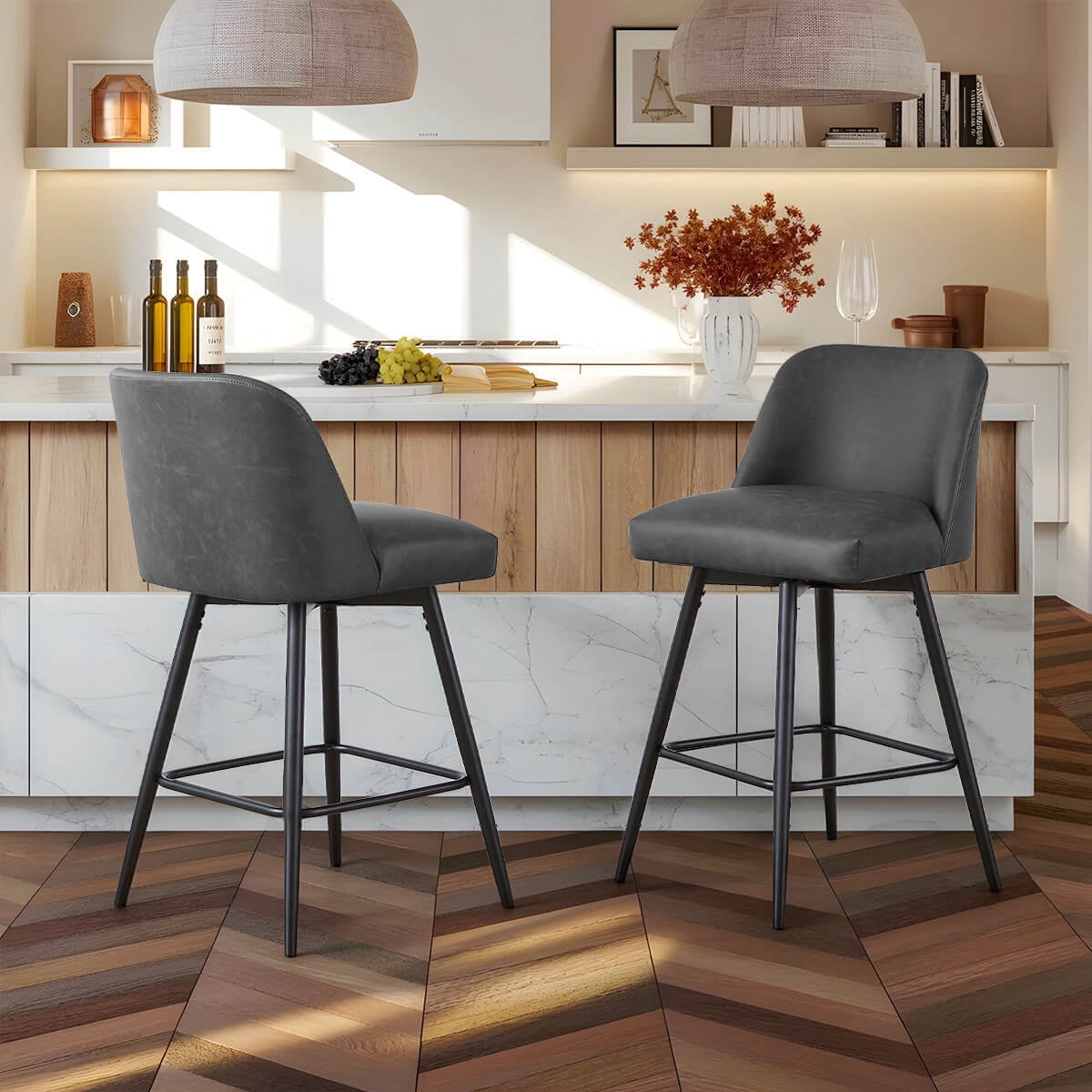 L'AGRATY Modern Bar Stools Set of 2, 26" High-Back Counter Stools, Faux Leather Upholstery, for Kitchen Island, Home Bar, Grey