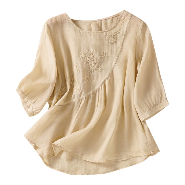 JFHHQ T-Shirt Col Rond Femme chandail-Over Uni Col Rond avec Manches 5/6 Cool Été Confortable Décontracté TG Beige