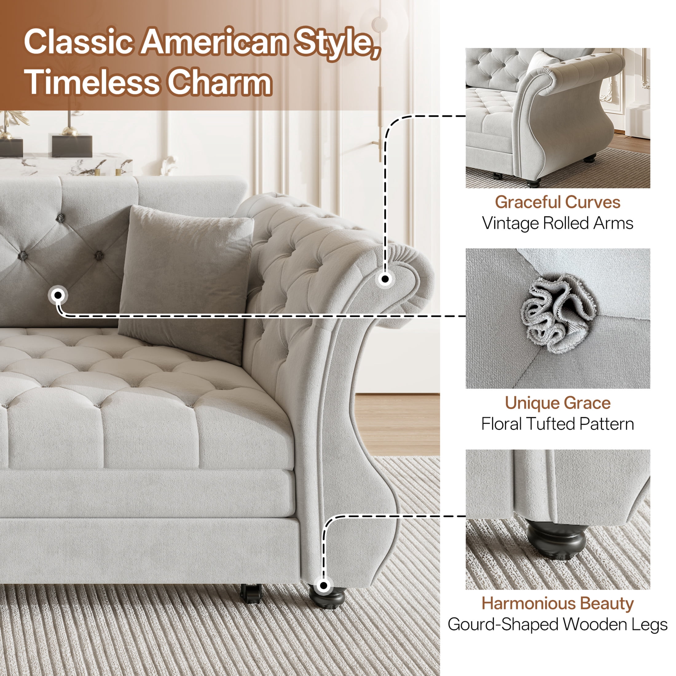 Noble House Wesley Oversized Velvet Chesterfield Pull Out Sofa Bed, Flower Tufted Roll Arm Sleeper Couch, Light Grey