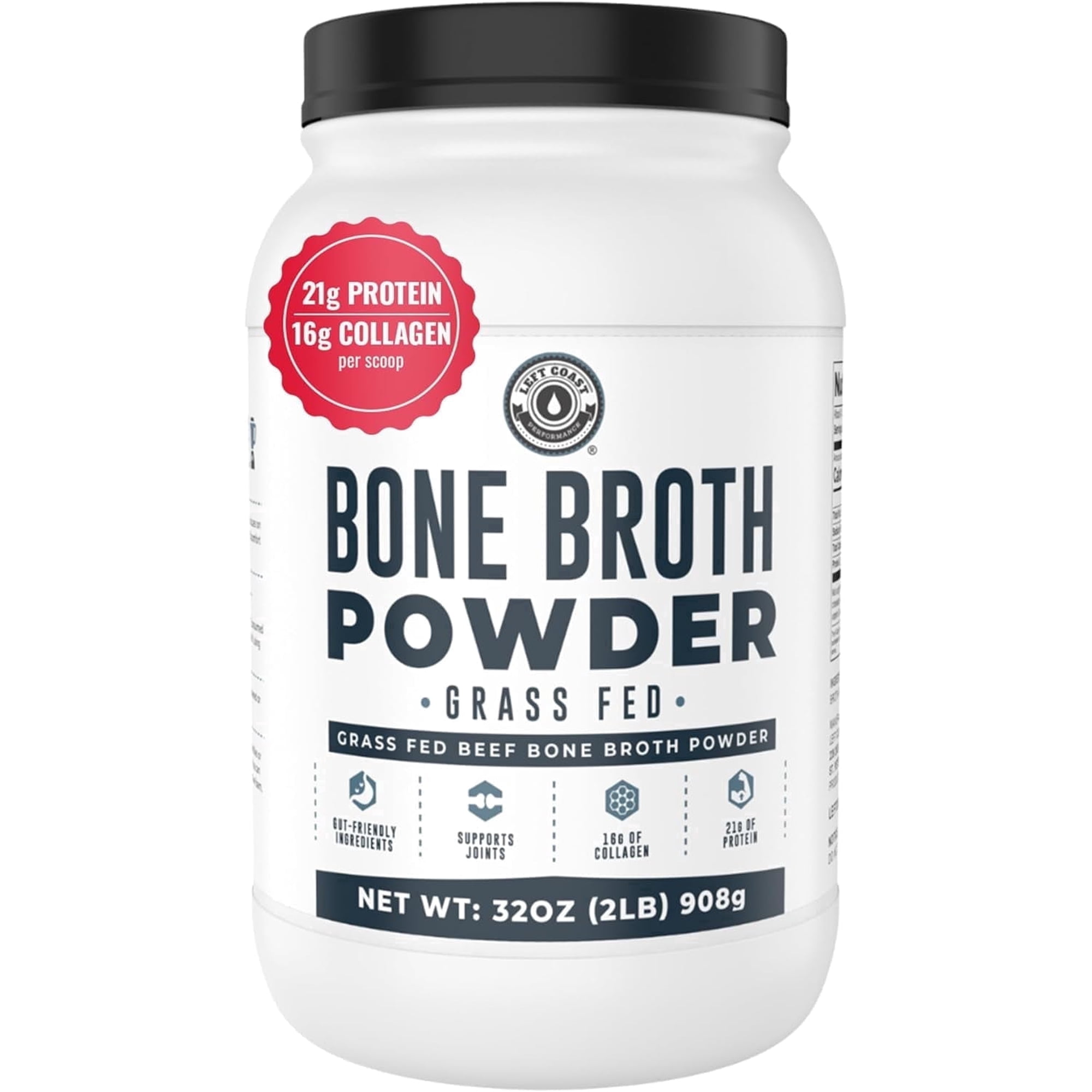 Left Coast Performance Grass Fed Beef Bone Broth Protein Powder with Collagen for Joint Support, Unflavored, 32 oz