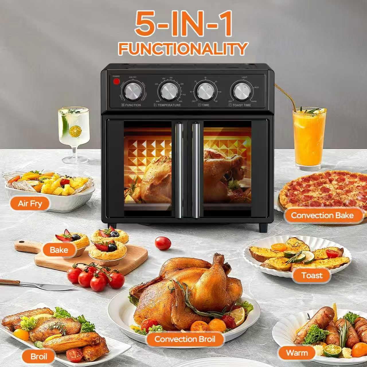 27.5 Quart 6 Slices Large French Door  Air Fryer Convection Toaster Oven,  1700W, Multifunction Oven for Air Fryer, Toast, Grill, Defrost, Bake, Time and Temperature Controls, Black