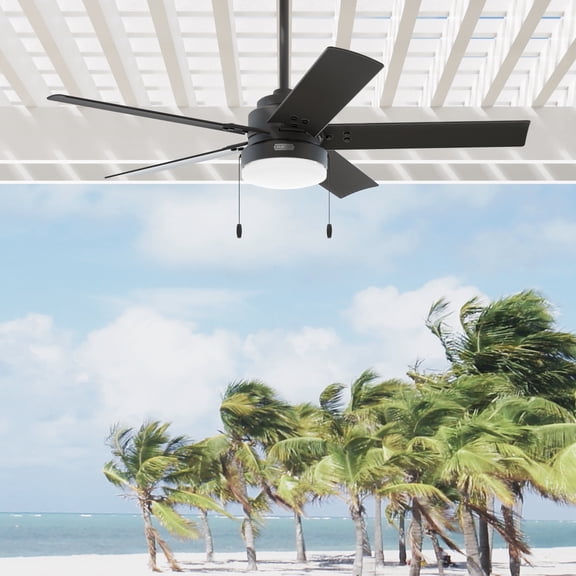 Hunter 52 inch Outdoor or Indoor Ceiling Fan with LED Light and Pull Chain - Black Ceiling Fan, Standard Mount, 5 Blades, For Patio, Porch, Garage, or Living Room - Sea Point 51681, Matte Black