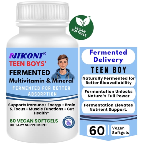 Nikoni Teen Boys Fermented Multivitamin and Mineral Vegan Softgels for Better Absorption 60 Count