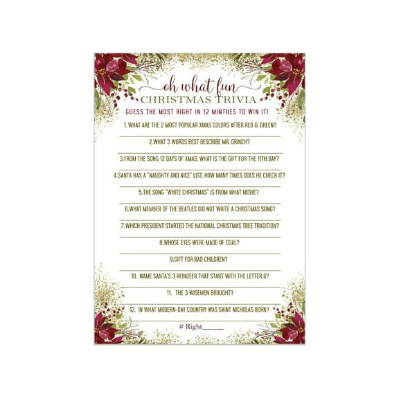 Paper Clever Party Rustic Christmas Trivia Game Cards, Red and Gold Floral, 25 Count