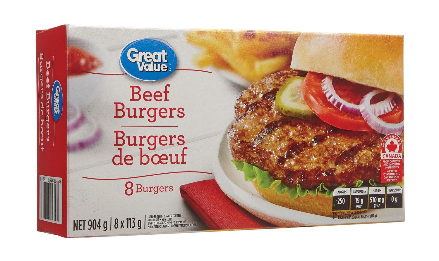 Burgers de bœuf surgelés Great Value 8 x 113 g, 904 g