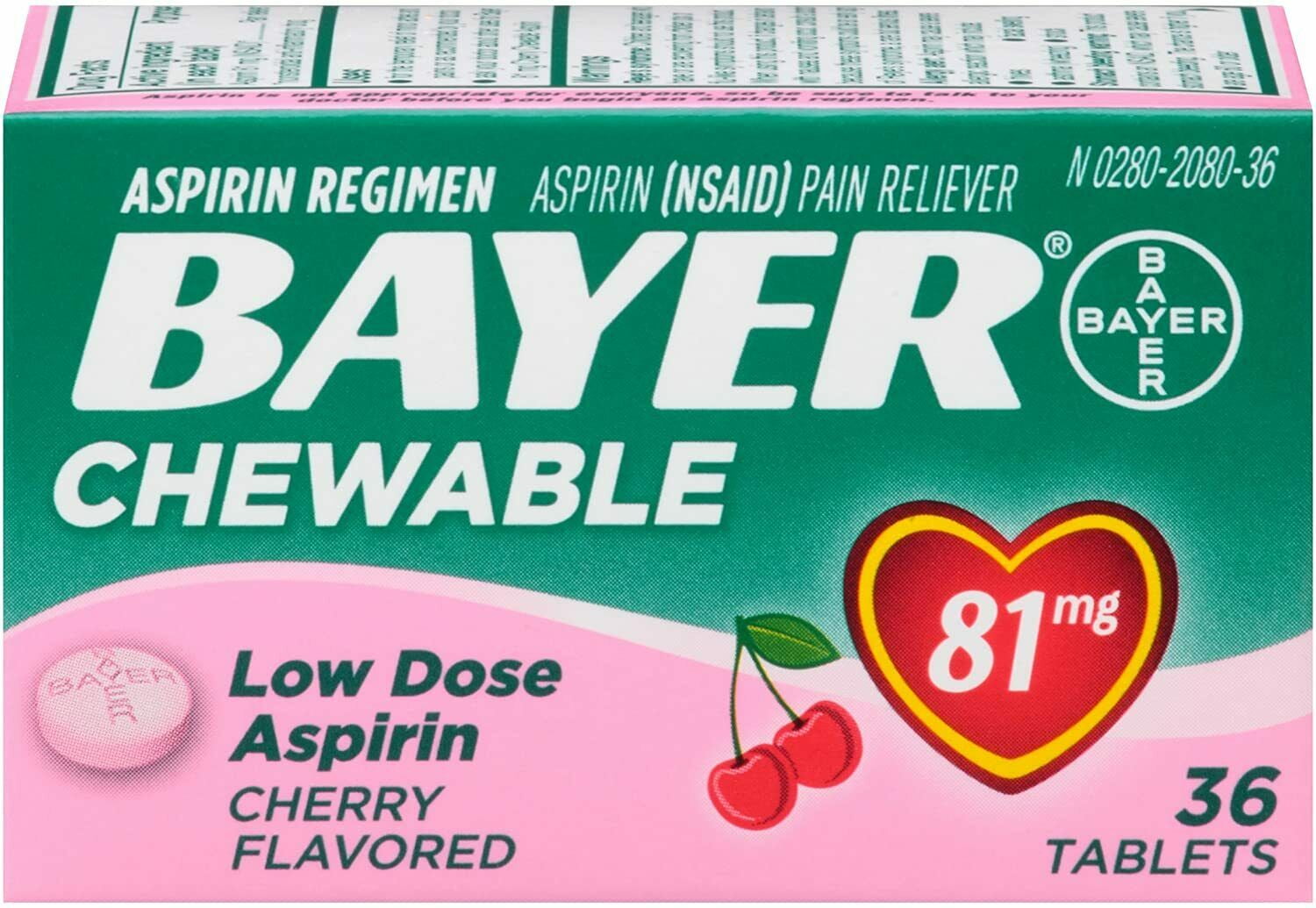 Bayer Chewable Low Dose 'Baby' Aspirin 81 mg Tablets Cherry 36 Tablets