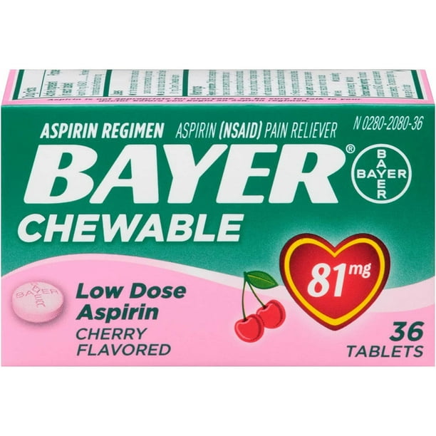 Bayer Chewable Low Dose 'Baby' Aspirin 81 mg Tablets Cherry 36 Tablets