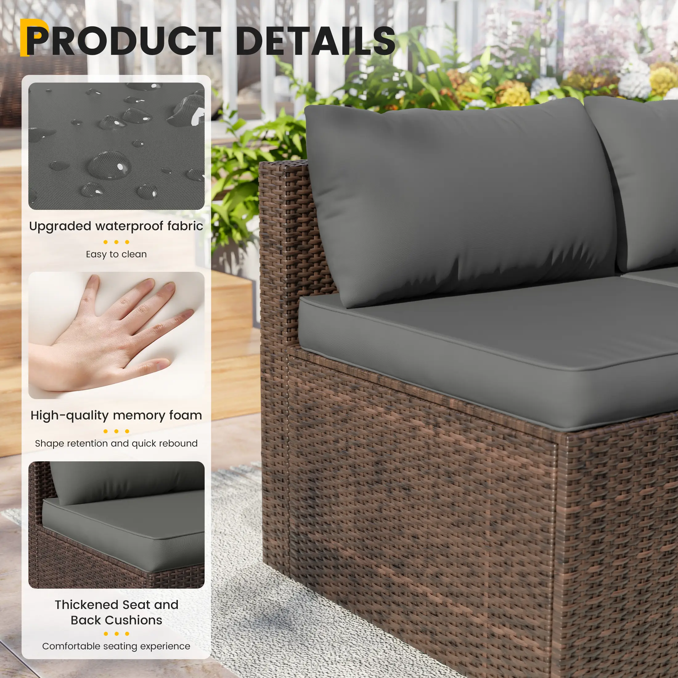 UDPATIO 5-Piece Patio Furniture Set,Outdoor Patio Furniture Set All-Weather Rattan Wicker Patio Conversation Set with Ottoman, Cushions & Glass Table for Garden & Backyard, Gray