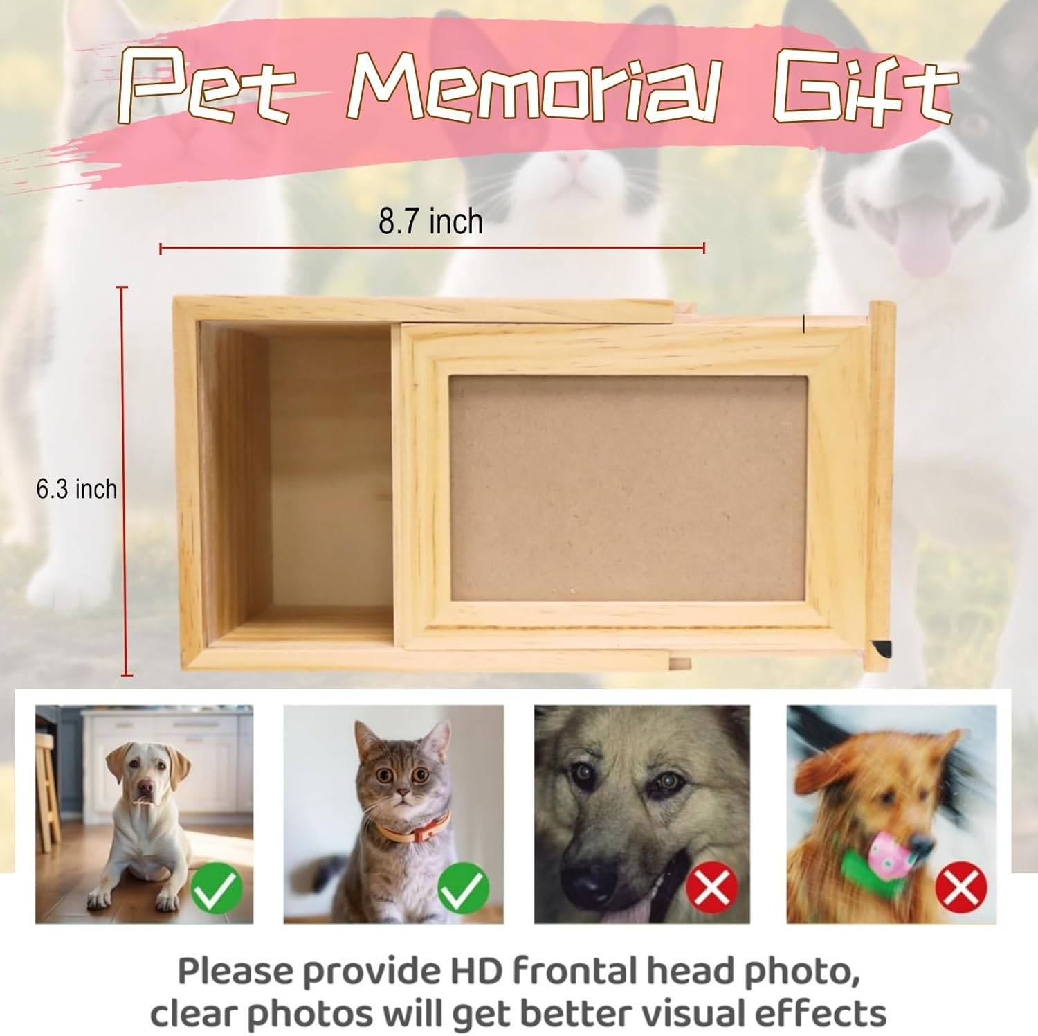 Personalized Pet Urns Box for Ashes - Handcrafted Pine Wood Memorial Box with Acrylic Photo Frame Custom Engraved Name & Message for Dog Cat Pet Funeral Cremation Urn Keepsake Pet Memorial Gift