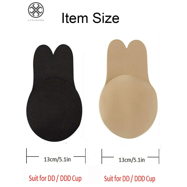 Luxtrada 2 Pairs Rabbit Ear Self Adhesive Invisible Bra Breast Lift Up  Strapless Nipplecovers Backless Push Up Bra Black & Skin, DD-DDD Cup 