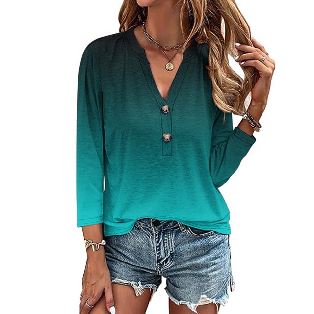 AOOCHASLIY Ladies' Clothes Clearances Womens 3/4 Sleeve V Neck Buttons Tee Gradient Color Blouse Loose Fit Tshirts Fall Tunic