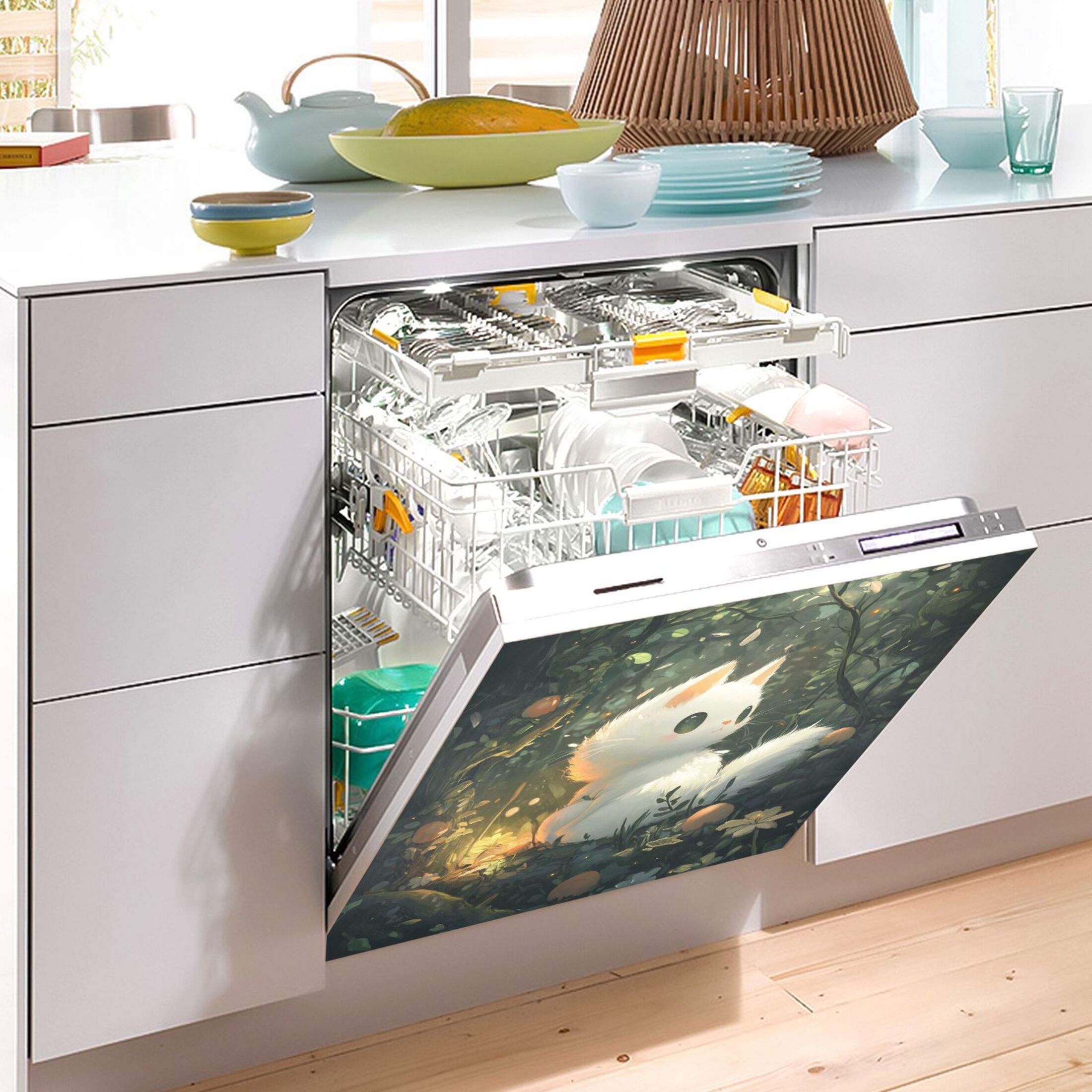 Dishwasher Magnetic Sticker 23x26 Inch Refrigerator Magnetic Sticker Washing Machine Magnetic Sticker Kitchen Panel Magnetic Sticker Home Decor Cartoon Beautiful White Cat