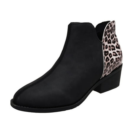 

leopard print Thick sole Boots for Women with Zipper Fashion Women Artificial Leather Leopard Print Autumn Thick Sole Square Heels Zipper Short Booties Round ToeShoes Black