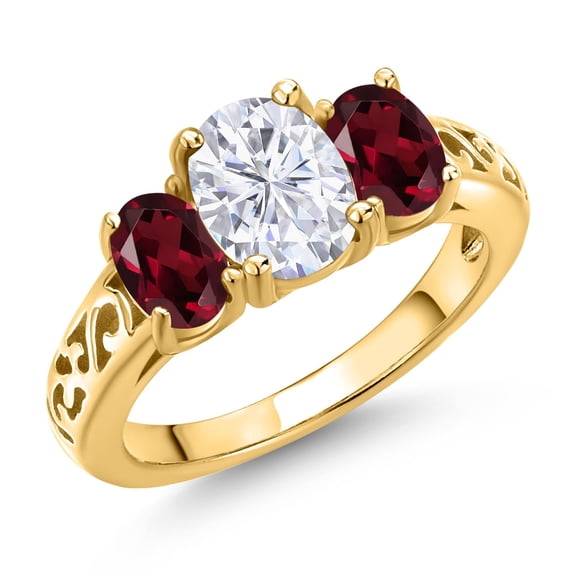 Gem Stone King 18K Yellow Gold Plated Silver White Moissanite and Red Rhodolite Garnet Filigree Style 3 Stone Ring for Women (2.50 Cttw, Oval 8X6MM and 6X4MM) (Size 6)