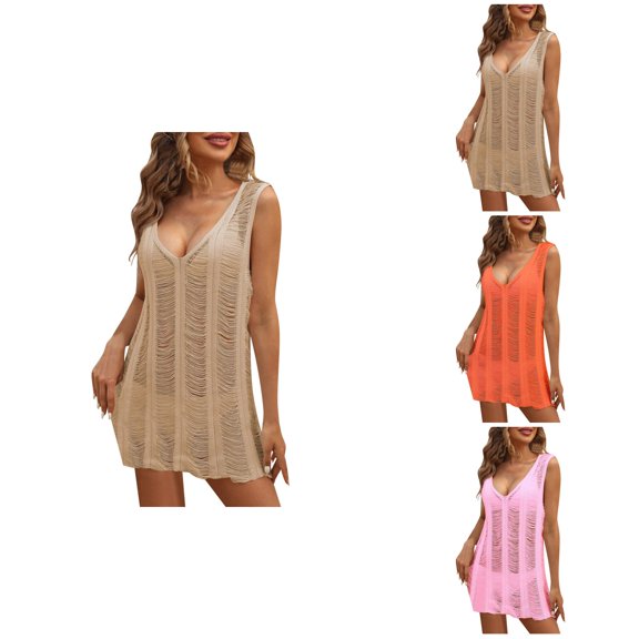 Deep V Neck Lace Knit Beach Cover Up Dress for Women Sexy Hollow Out Bikini Outerwear with Cut-Out Design, Swimwear Coverup for 2025