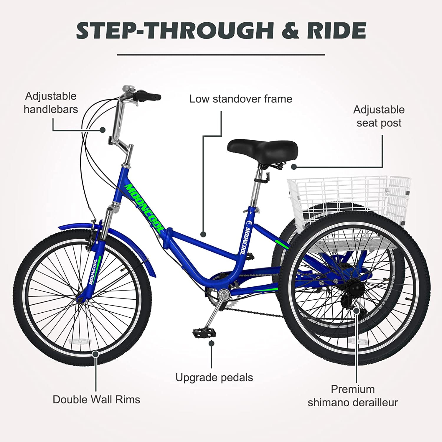 Mooncool Adult Folding Tricycle 7-Speed, Adult Trikes 24 inch Wheel Cruiser Bike with Cargo Basket, Foldable Tricycle for Adults, Women, Men, Seniors Exercise Shopping