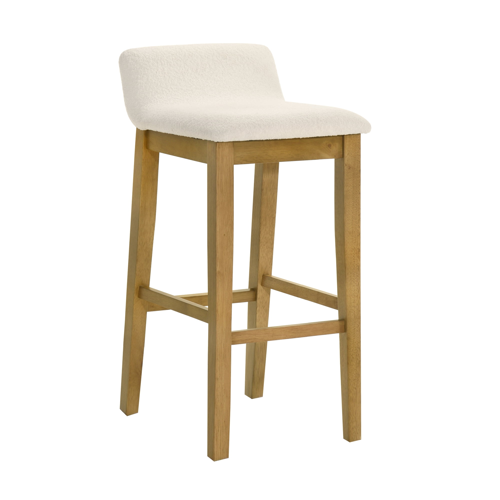 Annikah Modern Transitional Wood Bar Height Kitchen Bar Stool in Amber Glow Finish with White Boucle Fabric Upholstered Seat - Set of 2