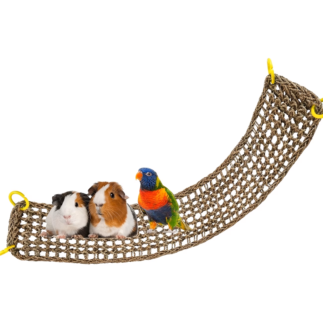 Natural Seagrass Woven Net Hammock Mat with Hooks, Climbing Rope Ladder Chew Toy, Breathable Cage Accessory for Cockatiel Parakeet Hamster Guinea Pig Small Pets
