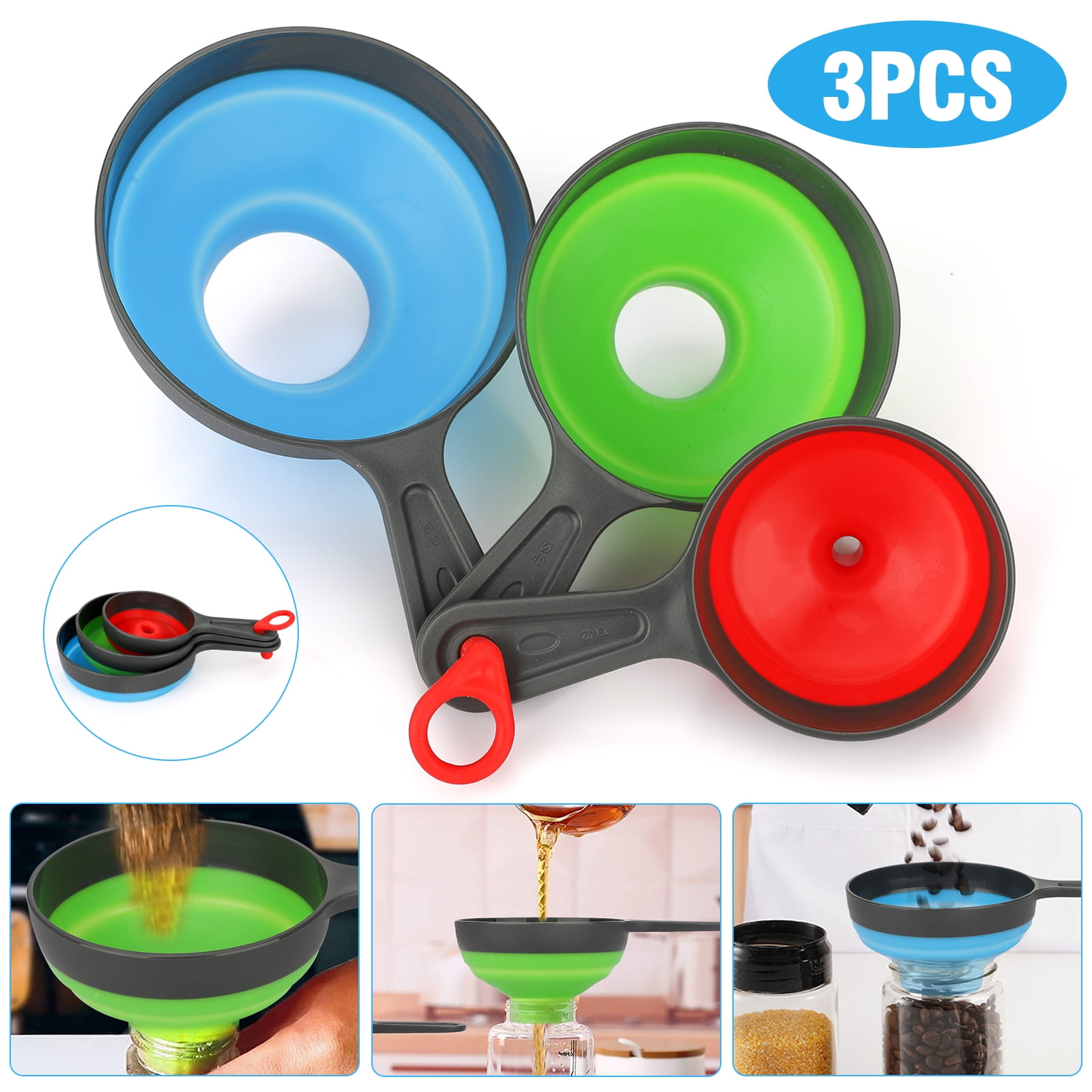 3pcs Kitchen Funnels, TSV Kitchen Silicone Collapsible Funnels with 3
