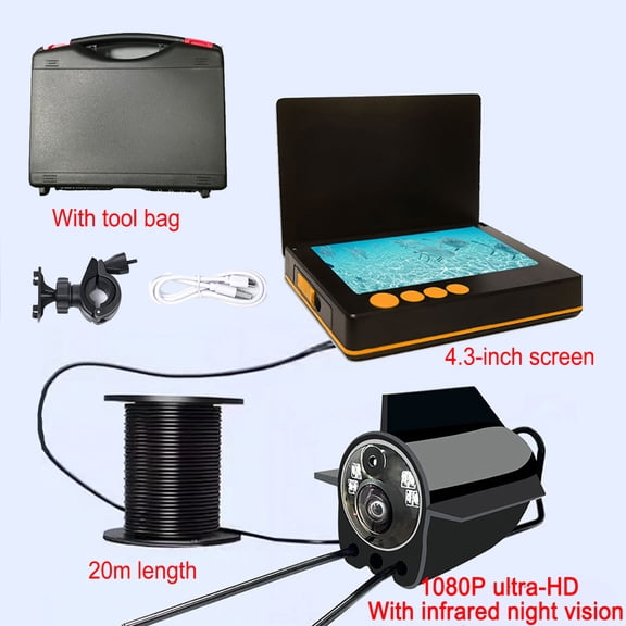 Fish Finder, Underwater Fishing Camera with Infrared Night Vision, 1080P Camera, 20m Cable, With Storage Tool Box, For Ice Lake Sea Boat Fishing