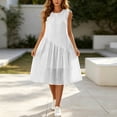 thumbnail image 5 of Dvprdro Solid Cotton Linen Crewneck Sleeveless Midi Dress for Women Ruched Bodice Flared Hem Loose Fit Summer Beach, 5 of 6
