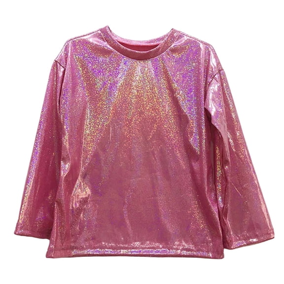 Ticikt Girl's Metallic Oversized T-Shirt Disco Outfits Crew Neck Loose Dance Tops,Color:Hot Pink
