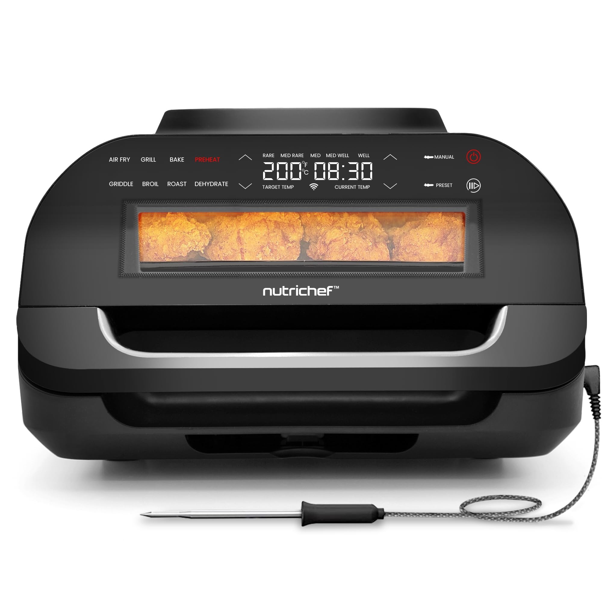 NutriChef Indoor Smokeless Grill Smart Grill & Air Fryer with 7 Cooking Functions 6L Capacity Includes Smart Thermometer Precise Temperature Control Non-Stick Removable Grill Plates