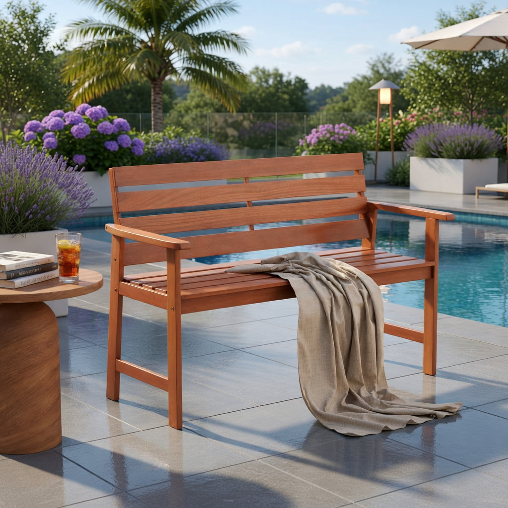 Hommoo 2-Person Solid Wood Outdoor Bench, Slatted Breathable Seat & Ergonomic 102° Inclined Backrest for Patio, Porch & Balcony, Natural