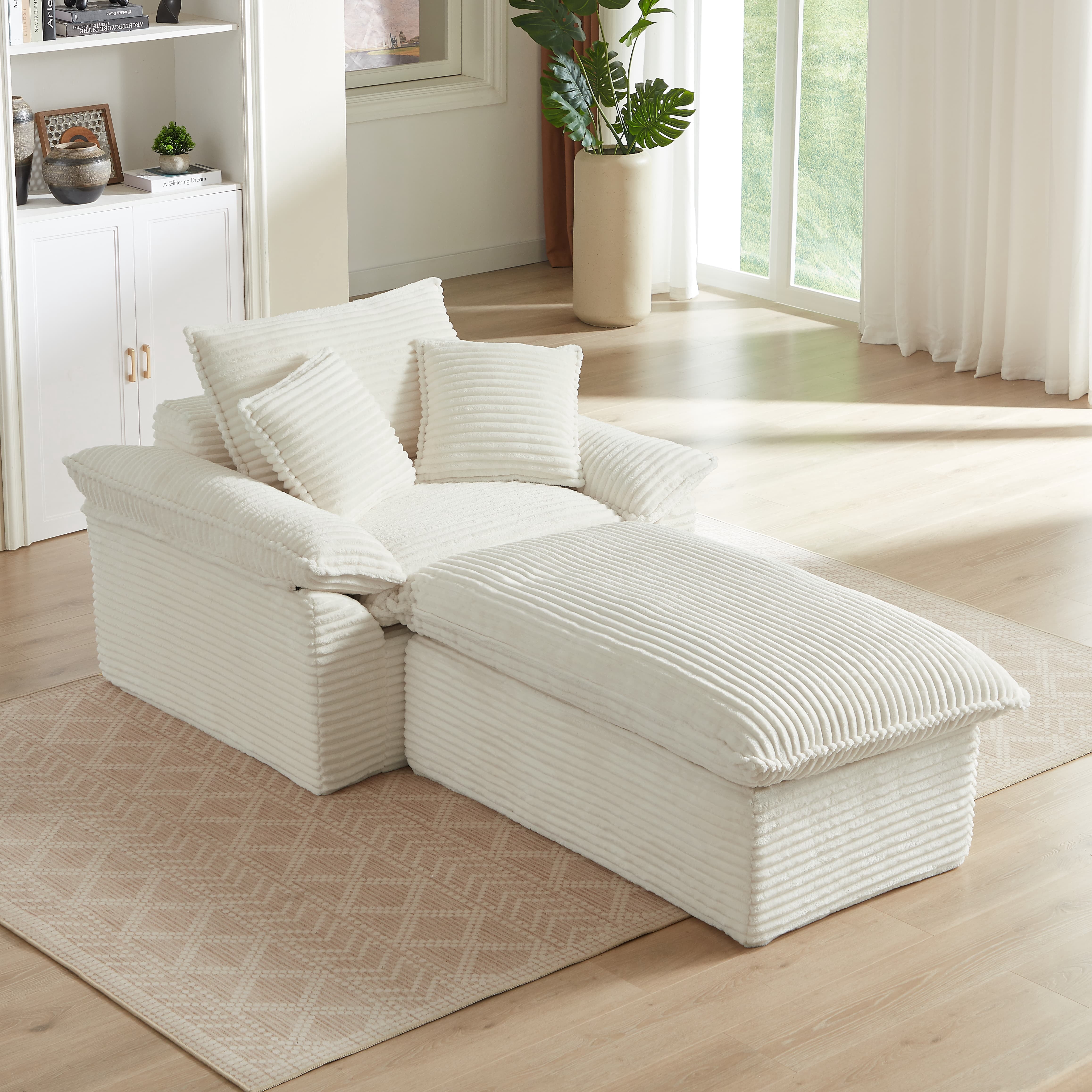 MAYEERTY White Corduroy Modular Sofa, Oversized Single Chaise Lounge with Activity Footrest for Apartment,52×71×37"