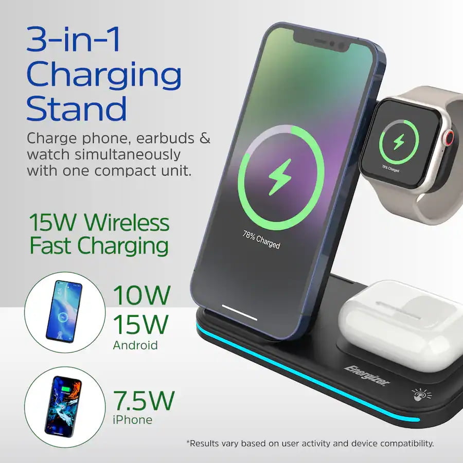 Energizer 3 in 1 15W Foldable Qi Certified Wireless Charging Station for Phone Earbuds and Apple Watch Black