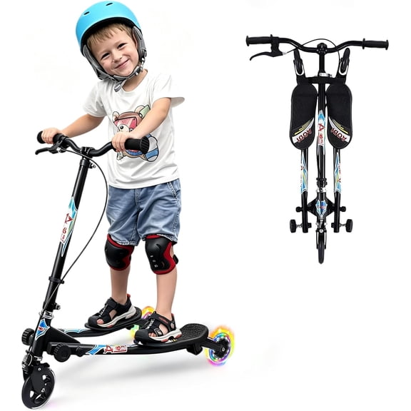 Wheelive Kids Swing Scooter – 3-Wheel Foldable Wiggle Kick & Push Drifting Scooter with Adjustable Handlebar, LED Rear Wheels, Ages 3-8, Boys & Girls, Black