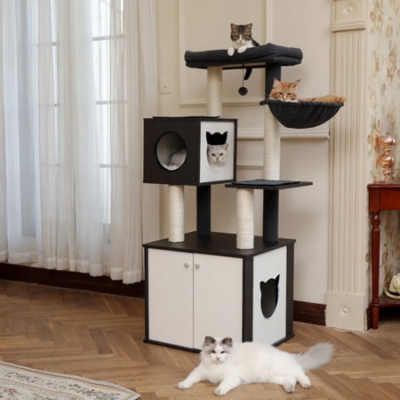 O'force All-in-One Multi-Functional Cat Tree Modern Wood Cat Tower with Cat Washroom Litter Box House Cat Condo Top Perch Large Hammock and Scratching Post Black