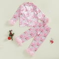 thumbnail image 4 of Toddler Baby Girl Satin Silk Christmas Pajamas Set Long Sleeve Feather Trim Shirt Long Pants 1-15 Years Kids Sleepwear Set, 4 of 7