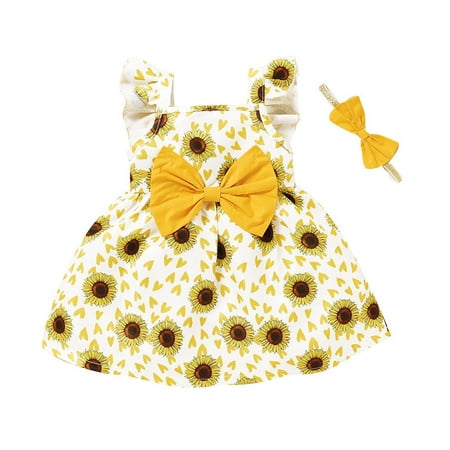 

Toddler Baby Girl Dress Short Sleeve Party Tutu Dresses Floral Print Yellow 110