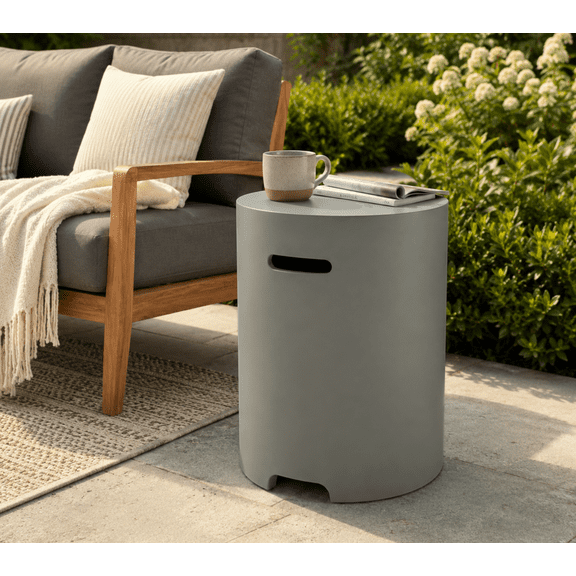 Propane Tank Cover Table, 16" Lightweight Concrete Propane Tank Hideaway for 20 lb Propane Tank, Outdoor Side Table with Handles for Gas Fire Pit, BBQ Grill & Griddle, Stone Look
