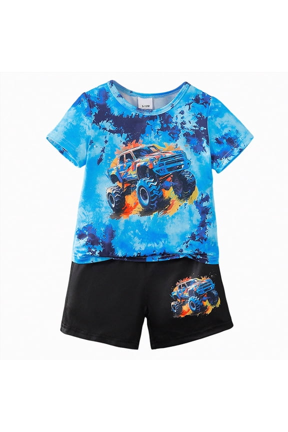 Toddler Boy Summer Outfit Truck Tie Dye Short Sleeve Tee and Printed Shorts 2-Piece Set for Car Themed Parties and Outdoor Playdates