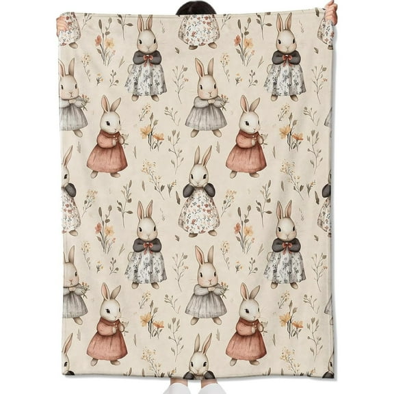 Vintage Bunny Print Flannel Blanket Hypoallergenic All Seasons Machine Washable Soft Knit Fabric Multipurpose Animal Lover Gift Digital Print