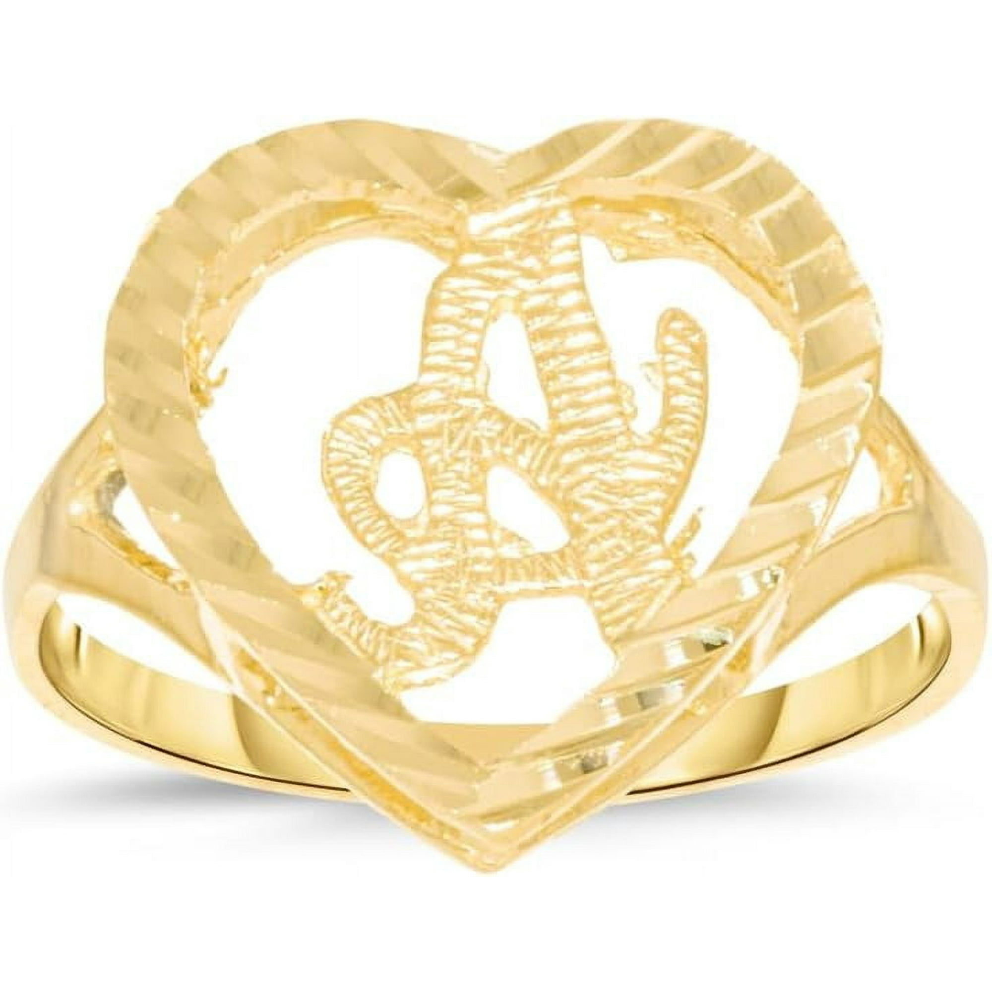 Floreo 10k Yellow Gold 15mm Heart Shape Letters A-Z Personalized Initial Ring Size 4-9