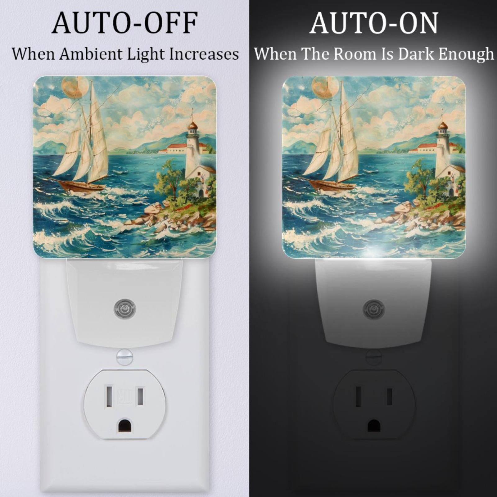 PhooArto Vintage Marine Nautical Landscape Plug in LED Night Light Auto Sensor Dusk to Dawn Decorative Night for Bedroom, Bathroom, Kitchen, Hallway, Stairs, Baby's Room, Energy Saving