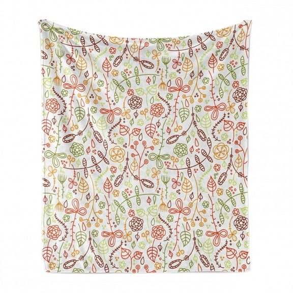 Nature Soft Flannel Fleece Throw Blanket, Autumn Leaves Hand Drawn Colorful Lines Harvest Season Spring Image, Cozy Plush for Indoor and Outdoor Use, 60" x 80", Lime Green Burgundy, by Ambesonne