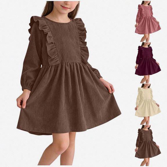 Teylalorva Girl's Dresses (3-8), Crew Neck Long Sleeve Casual Dresses Soft Comfort Daily Outfit Indoor Outdoor Wearing Brown Size 110
