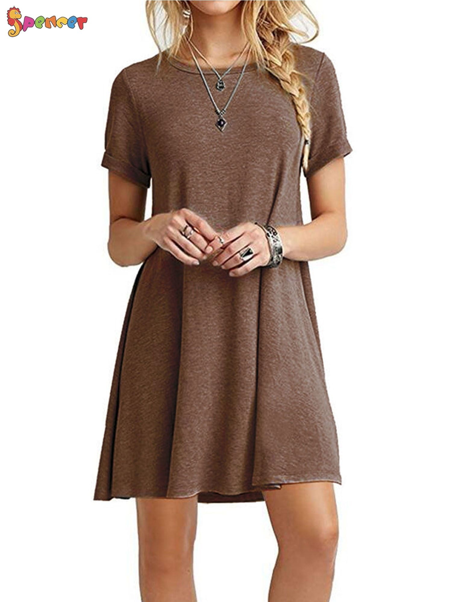 Ulanda-Dresses for Women Crewneck Short Sleeve Casual Swing Loose T-Shirt Dress with Pockets 
