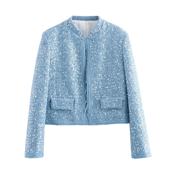 Jerdar Women's Sequined Tassel Jacket Collarless Long Sleeve Open Front Cropped Coat for Party Club Night Out and Wedding Guest L