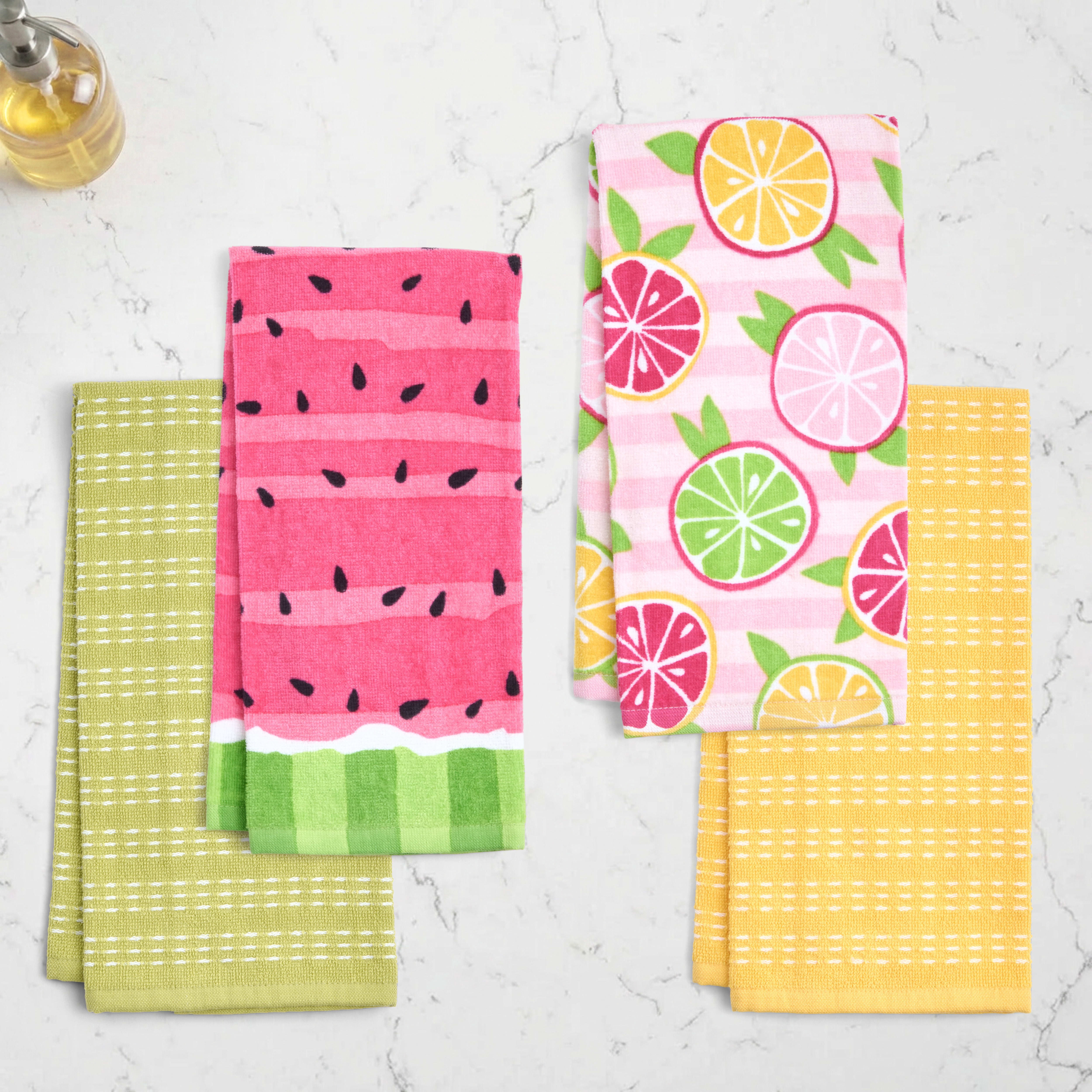 RITZ 100% Cotton Summer Kitchen Towels, Set of 4, Citrus Watermelon Dish Towels Set